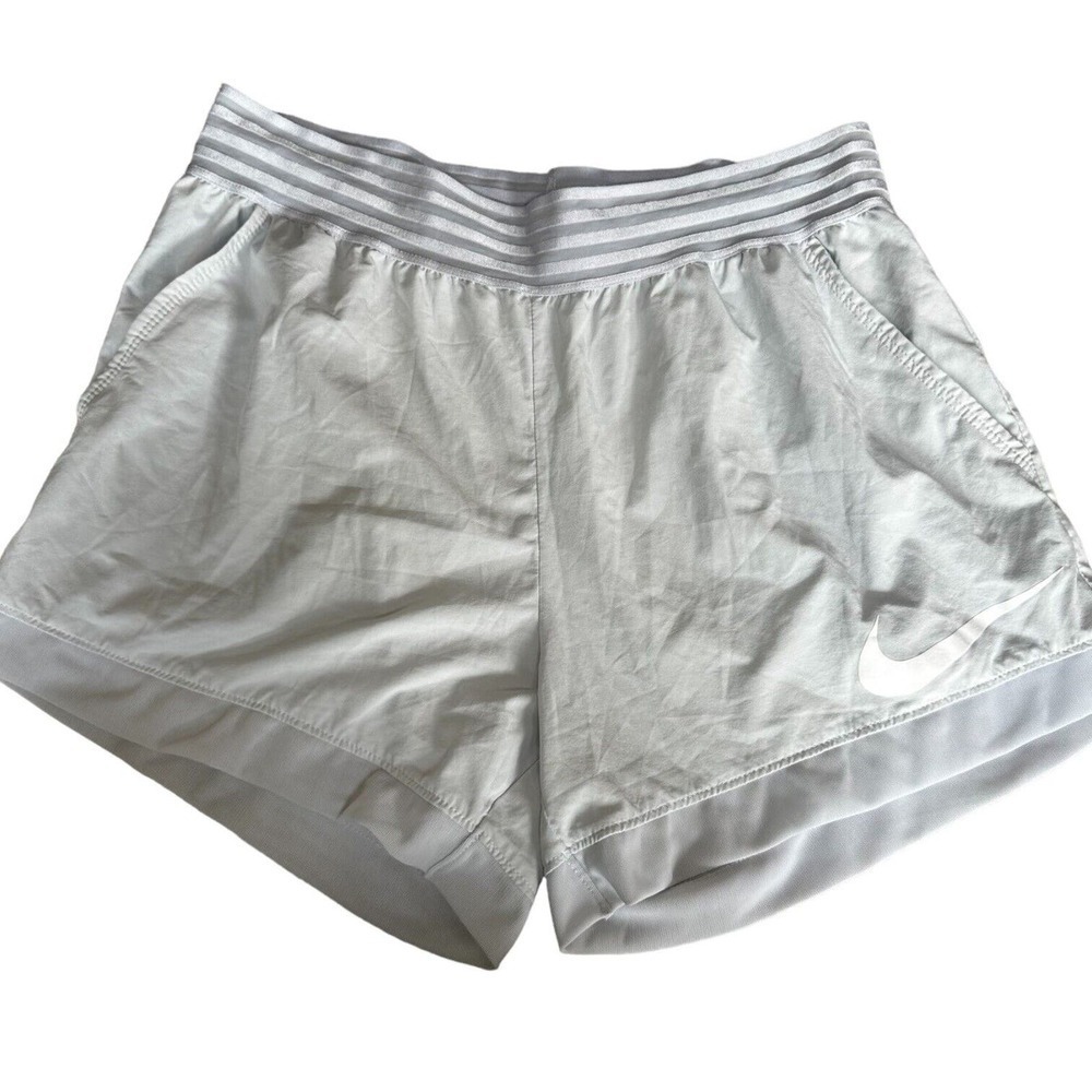 NIKE Dri-Fit Shorts Women’s Running Gym Size M Swoosh Logo Light Grey Lined​​​​​